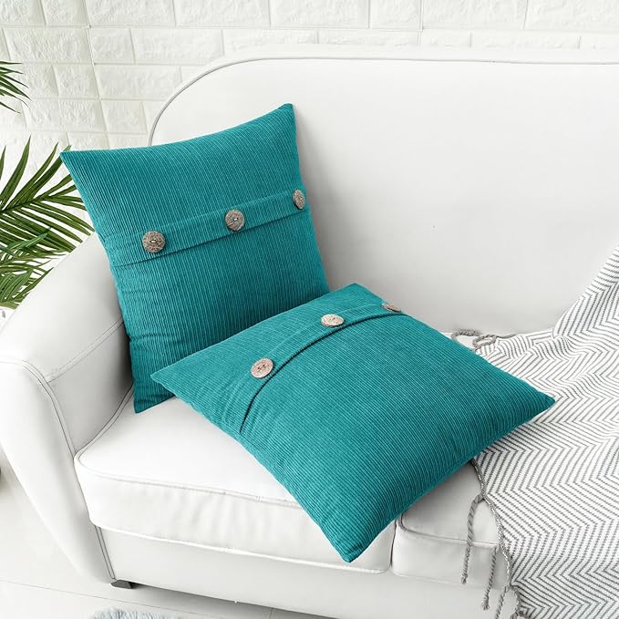 HWY 50 Teal Chenille Throw Pillow Covers 20x20 Inch with Triple Buttons, Soft Farmhouse Accent Decorative Cushion Cases for Couch Sofa Bed Living Room Pack of 2