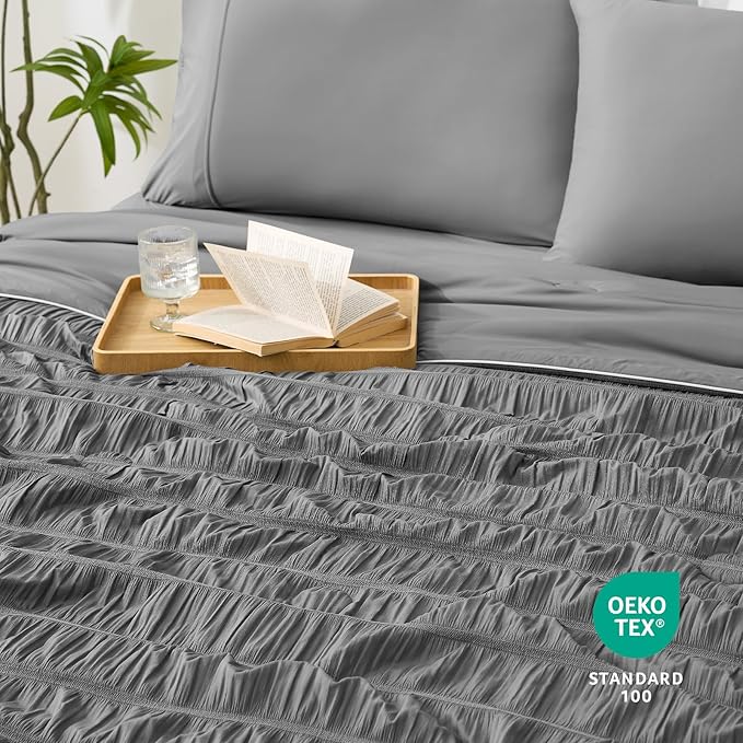 Cozy Bliss Vertical Striped Seersucker Cooling Comforter Twin Size, Lightweight Airflow Silky Cooling Bedding with Q-Max>0.45 for Bedroom, Home Decor, Hot Sleepers & Night Sweats, Grey 68"x90"