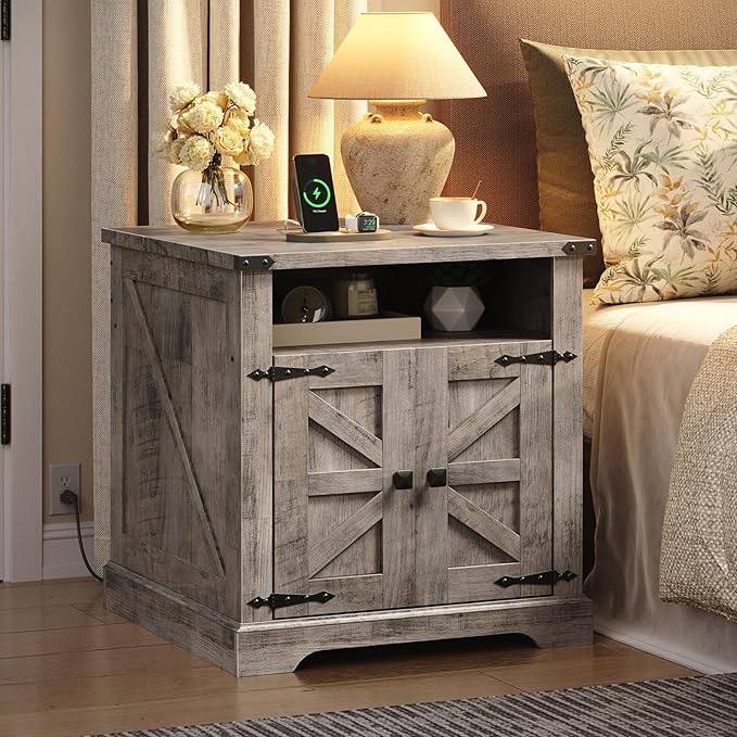 HOOBRO Farmhouse End Table with Charging Station, 23.6" Large End Tables for Living Room, Sofa Side Table with Barn Door, Wooden Square Nightstand Bedside Table, Flip Top, Greige GY601UBZ01