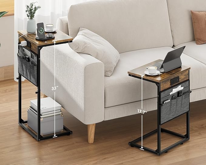 Vagusicc C Shaped End Table with Charging Station, 33" Tall Side Table for Couch, Sofa Table Adjustable Height Side Table C Table, Slide Under Couch Table TV Tray Table for Living Room, Bedroom, Brown