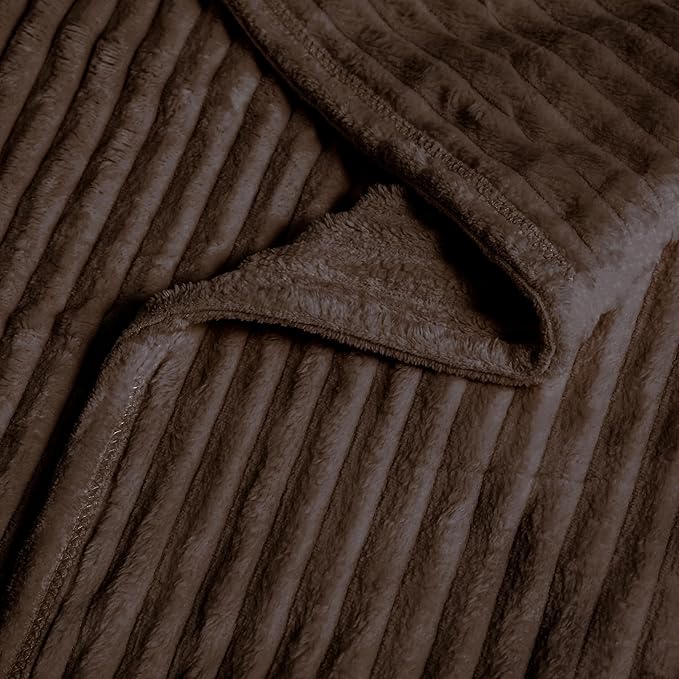 Vessia Flannel Fleece King Size Blanket(108x90 inch), 300GSM Cozy Brown Stripe Bed Blanket for Couch, Sofa and Bed, Warm and Soft Chocolate Microfiber Ribbed Decor for All Season