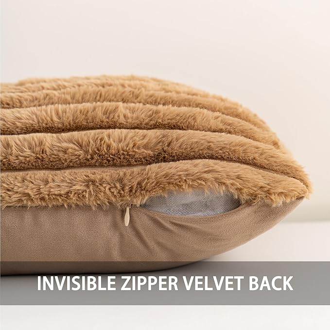 Aegero Pack of 2 Faux Fur Christmas Throw Pillow Covers 20x20 Inch, Soft Plush Striped Neutral Couch Pillow Cover, with Velvet Back Modern Home Decor for Sofa Living Room Couch Bed Coffee