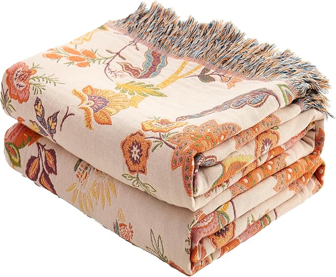 Boho Throw Blanket for Bed Couch 50" x 60", 100% Organic Cotton Skin-Friendly Ultra Soft Quilt Throw - Floral Rustic Living Room Decor Luxury Reversible Blanket for Sofa Chair and Gift