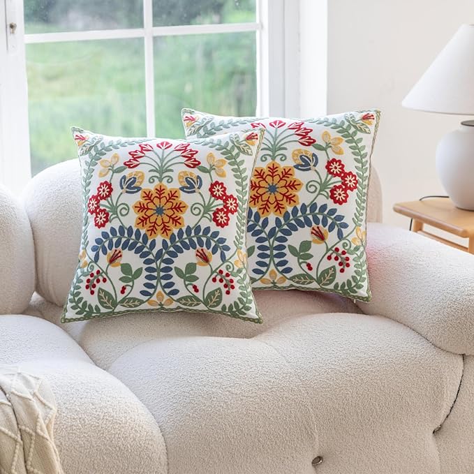 YIcabinet Pack of 2 Throw Pillow Covers,Embroidered Pillow Case Soft Square Decorative Pillowcases for Home Sofa Couch 18x18 Inch