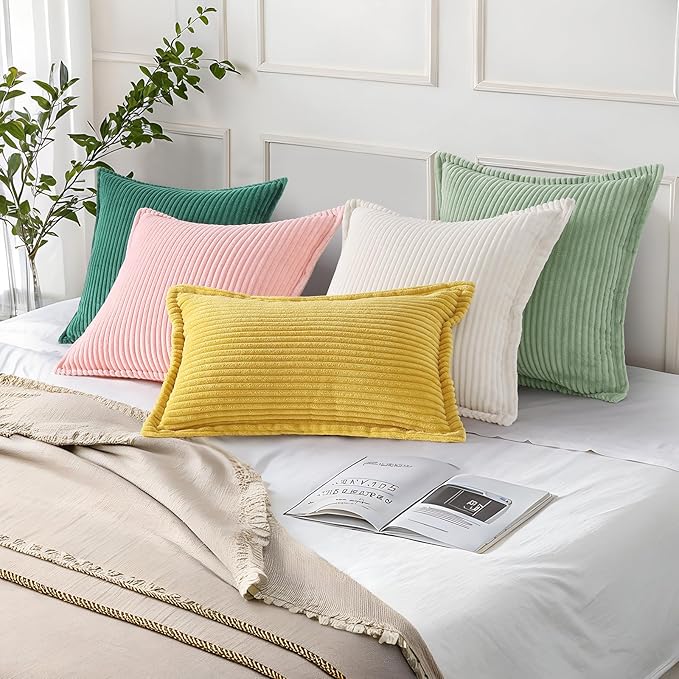 Mecatny Corduroy Throw Pillow Covers 22x22 Set of 2, Neutral Decorative Soft Boho Couch Pillow Covers with Broadside for Sofa Living Room, Pink