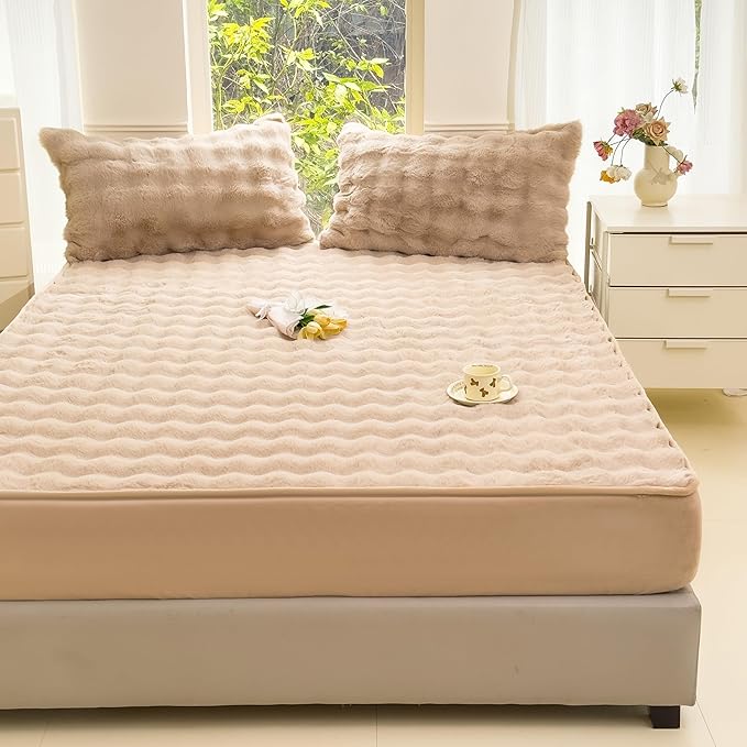 H&D Faux Fur Sheet Set Queen,3 Piece Bed Sheets Fluffy, Cozy, Soft,Deep Pockets for a Secure Fit, Easy Care and Long Lasting Durability(Camel, 3-Piece Set