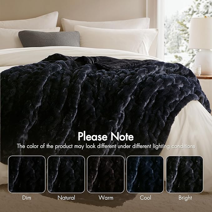 Madison Park Ruched Luxury Throw Premium Soft Cozy Brushed Long Faux Fur For Bed, Couch or Sofa, 50 x 60 in, Black