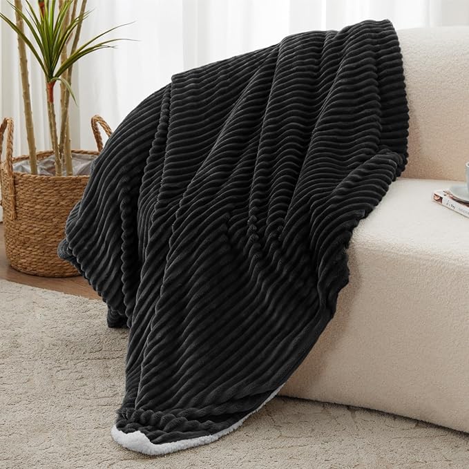 Sherpa Throw Blanket for Couch - Soft Cozy Fleece, Warm for Winter, Reversible for Sofa, 50 x 60 Inches, Black