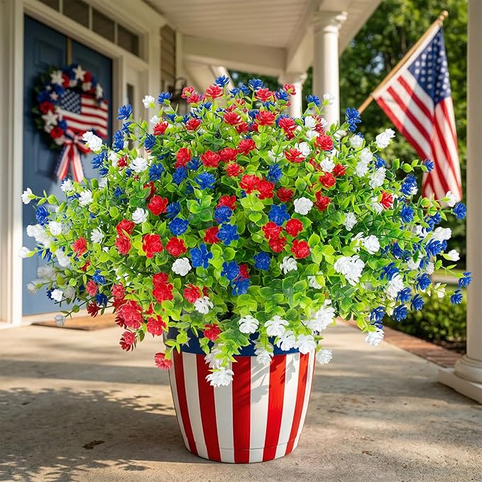 Hananona Artificial Flowers Outdoor, Faux Artificial Plants UV Resistant Plastic Flower Bulk for Hanging Planter Porch Window Home Wedding Fall Summer Decor (24, Red, White, Blue)