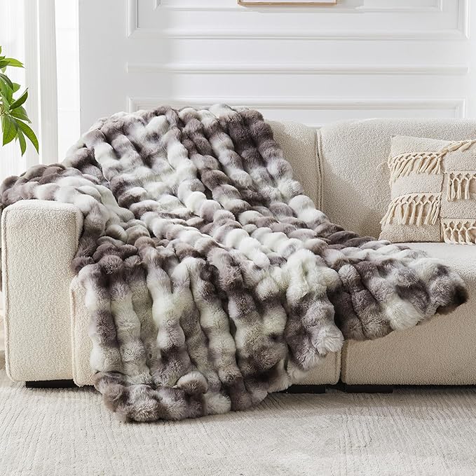 Faux Fur Throw Blanket for Couch, 1000 GSM Cozy Fuzzy Fluffy Soft Plush Thick Bubble Sherpa Blanket for Sofa Bedroom Living Room, Mothers Day Birthday Gifts for Women Home Decor