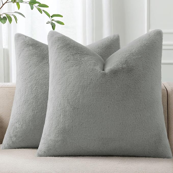 Pallene Faux Fur Plush Throw Pillow Covers 22x22 Set of 2, Soft Fluffy Couch Pillow Covers for Living Room, Grey