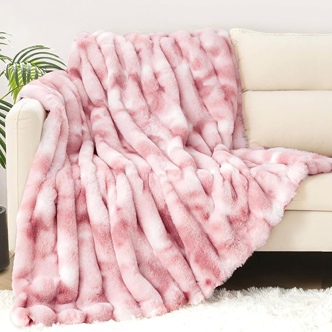 Touchat Luxury Faux Rabbit Fur Throw Blanket for Couch, Super Heavy Warm Cozy Blanket for Sofa Bedroom Living Room, Ultra Soft Fluffy Reversible Plush Blanket for Home Decor Gifts, Tie-dye Pink