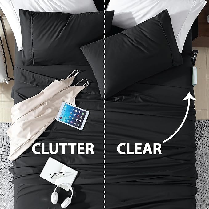 Swift Home Smart Sheets, Ultra Soft Brushed Microfiber 3-Piece Sheet Set, Fitted Bed Sheet with Side Storage Pockets – Black, Twin XL