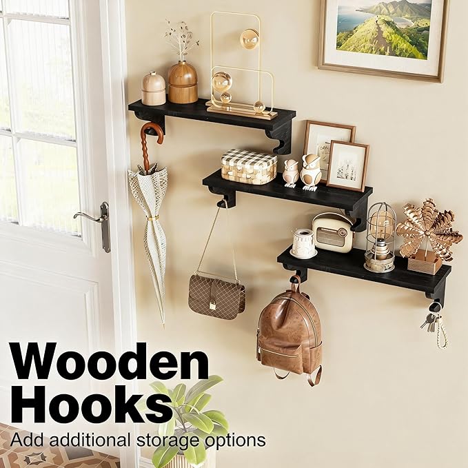 Alsonerbay Black Floating Shelves for Wall 3 Pack, 17 inch Solid Wood Shelves Wall Mount with Hook, Decorative Hanging Shelves for Bedroom Living Room Nursery Office and More