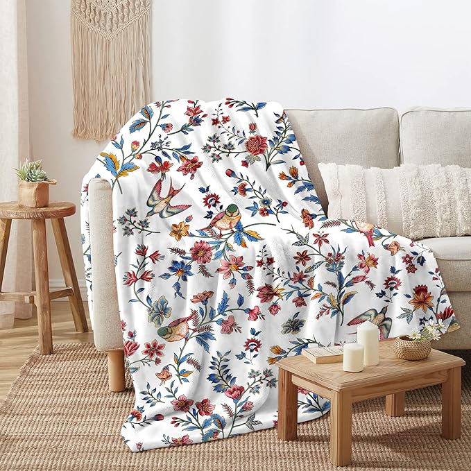 Bird Floral Throw Blanket Flower Plant Cozy Fuzzy Plush Throw Blanket Flannel Fleece Throw Blankets Gift for Women Girl Adult Boho Blankets for Bed Sofa Travel 50" x 60" Inch