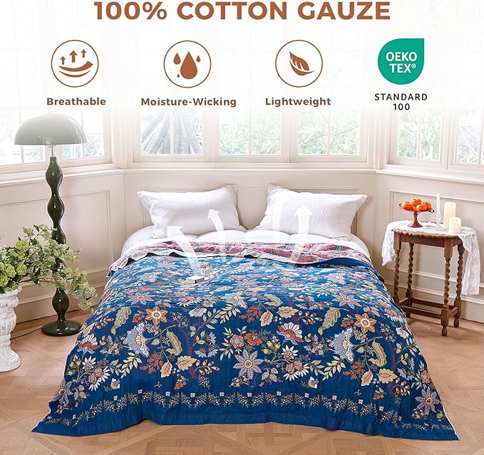 Boho Throw Blanket for Bed Cotton Spring Blankets Bedroom Living Room Twin All Season Lightweight Floral Embroidery Quilt for Couch Sofa Chair 60"x80"