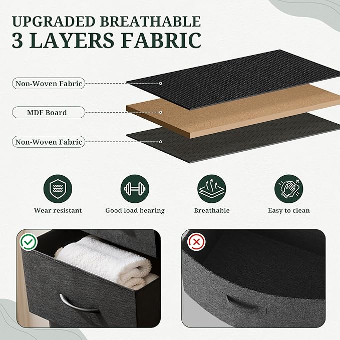 Nightstand Upgraded, Small 2 Drawer Dresser End Table Bedside Furniture, Wooden Top Fabric Bins for Bedroom, Closet, Entryway, Dorm, 11.8" D x 18" W x 20", Charcoal Black