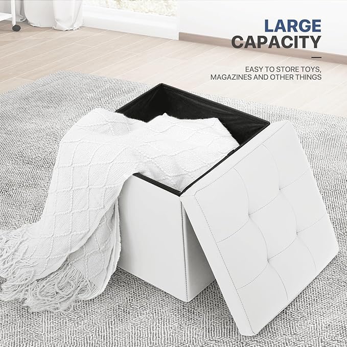MoNiBloom 15 Inch Storage Ottoman Cube, 11 Gal. Folding Ottoman Foot Rest Stool, PU Leather Small Footrest with Storage for Living Room, Bedroom, Entryway, Hallway, White