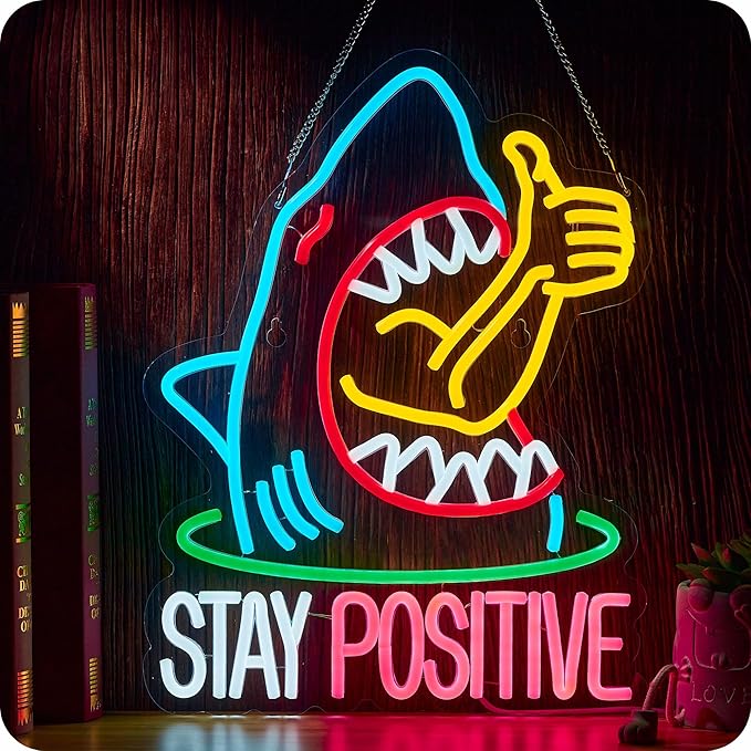 Stay Positive Neon Sign for Wall Decor Thumb up Shark Funny LED Signs Bar Man Cave Party Coffee Home Bedroom Birthday Gifts
