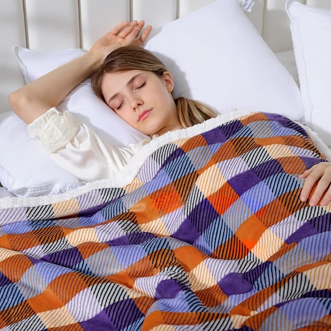 BEAUTEX Sherpa Fleece Flannel Throw Blanket, Fall Super Soft Warm Checkered Plaid Plush Blankets and Throws, Warm Autumn Winter Cozy Fuzzy Blanket for Couch Sofa Bed (Orange and Purple, 50" x 60")
