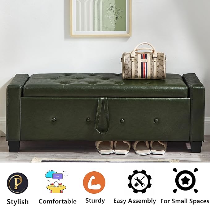 48" PU Leather Storage Ottoman Bench for Bedroom Bed End,Tufted Faux Leather Ottomans with Storage for Living Room,Bedside,Entryway,Modern Window Benches with Seating (PU Green, 48")