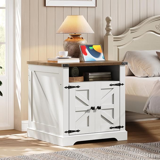 HOOBRO Farmhouse End Table with Charging Station, 23.6" Large End Tables for Living Room, Sofa Side Table with Barn Door, Wooden Square Nightstand Bedside Table, Flip Top, White and Walnut WH601UBZ01