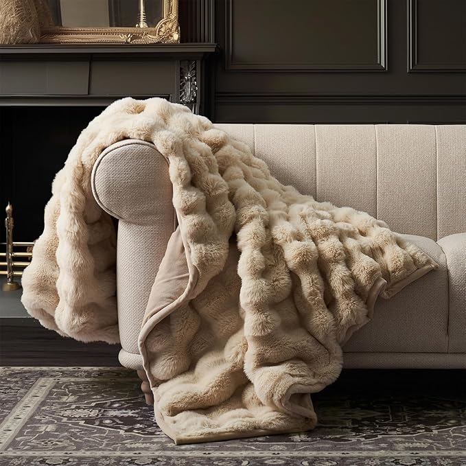 EverGrace Ultra Soft Luxury Fluffy Faux Rabbit Fur Throw Blanket, Thick Warm Bubble Throw for Bed, Cozy Plush Reversible Blankets for Couch, Chair, Sofa, Cream, 50x60 Inches