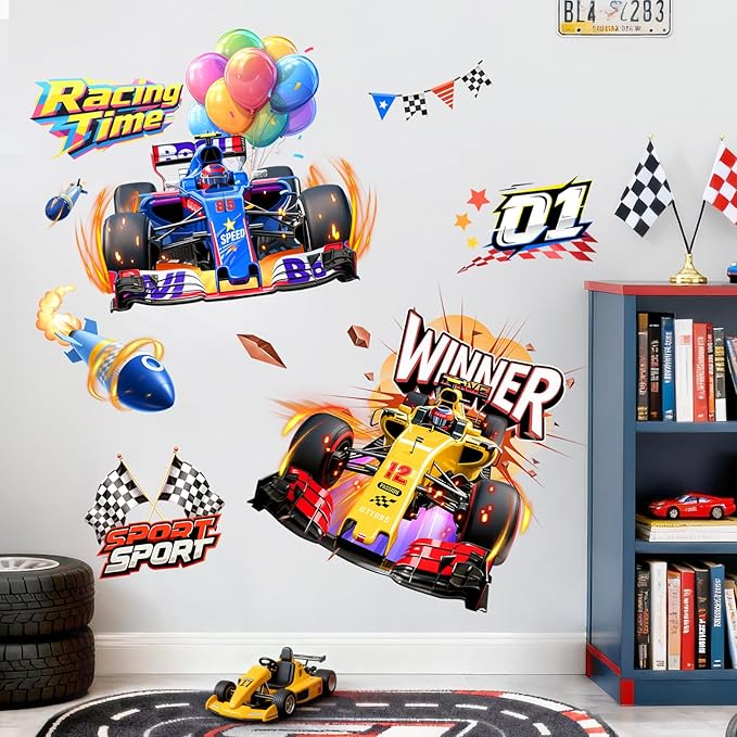 2 Racing Car Wall Decals for Boys Room Decor - Speeding Race Car Wall Stickers for Kids Toddles Teens Bedroom Nursery Playroom Classroom Decor