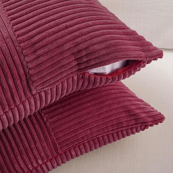Fancy Homi 2 Packs Burgundy Euro Decorative Throw Pillow Covers 26x26 Inch for Living Room Bed, Rustic Farmhouse Boho Home Decor, Soft Corss Corduroy Patchwork Textured Square Cushion Case 66x66 cm