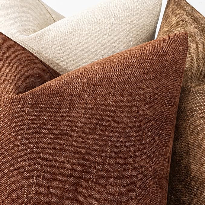 MIULEE Pack of 2 Decorative Throw Pillow Covers Soft Chenille Throw Pillows Solid Textured Cushion Covers for Couch Sofa Bedroom Living Room 18x18 Inch, Dark Rust