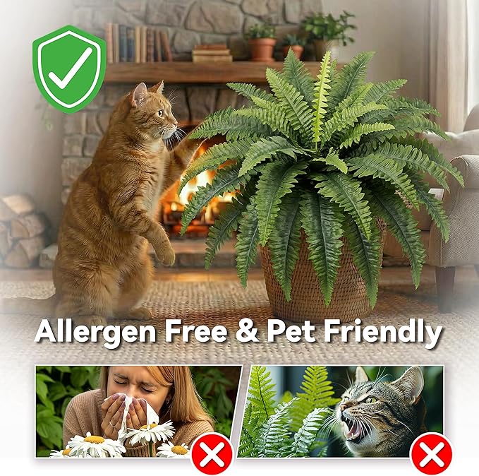 Fake Ferns, 35IN Large Fake Bush Plants, 2 Artificial Boston Ferns with 39 Fronds for Outdoor Hanging Planter Garden Porch Entrance Home Decor
