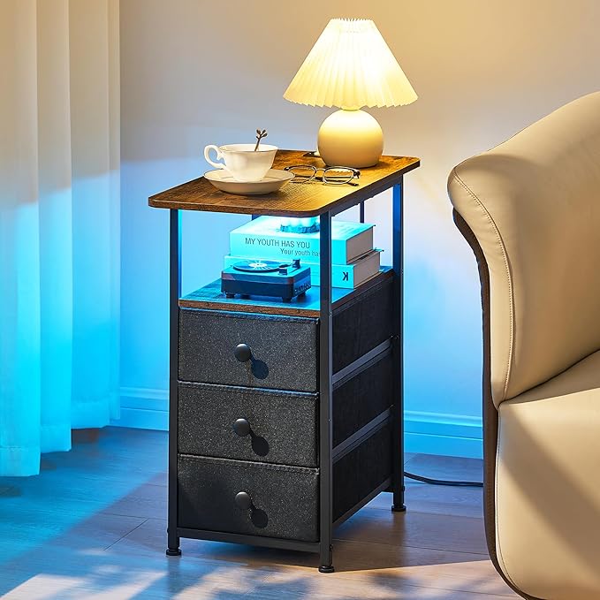 Narrow End Table with Charging Station, Narrow Side Table with 3 Fabric Drawers, Slim Nightstand with LED Light, Small Table with Storage, Living Room, Bedroom, Rustic Brown HKET1303BR
