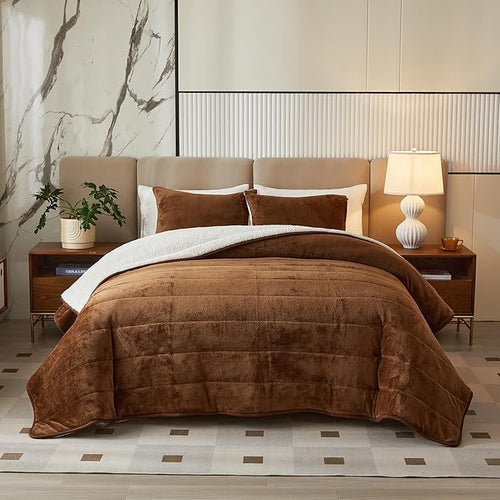 3-Layer Luxury Flannel Fleece Thick Bed Blanket Twin Size, Soft Plush Velvet Sherpa Blanket with 2 Pillow Shams Heavy Warm for Winter, Breathable n Washable, Brown