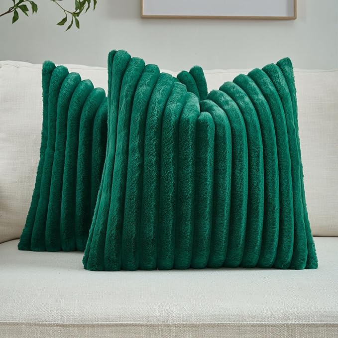 FUTEI Emerald Green Decorative Throw Pillow Covers Set of 2, 28x28 Inch Soft Fluffy Faux Fur Plush Striped Euro Pillow Shams, Modern Home Decor for Couch Bed Living Room