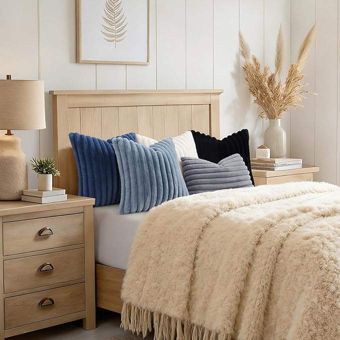 decorUhome Cozy Faux Fur Throw Pillow Covers 22x22 Set of 2 Decorative Soft Plush Striped Modern Farmhouse Boho Couch Euro Sham Pillow Cases with Velvet Back for Sofa Bed Living Room, Grey Blue