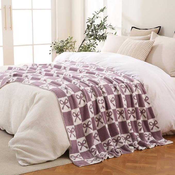 YIRUIO Purple Checkered Knit Throw Blanket - with Bow Pattern for Women Daughter & Son, 50x60 Size Ultra Soft Microfiber Reversible,Fluffy Fuzzy Cozy Throw for Bed, Sofa & Couch, Home Decor