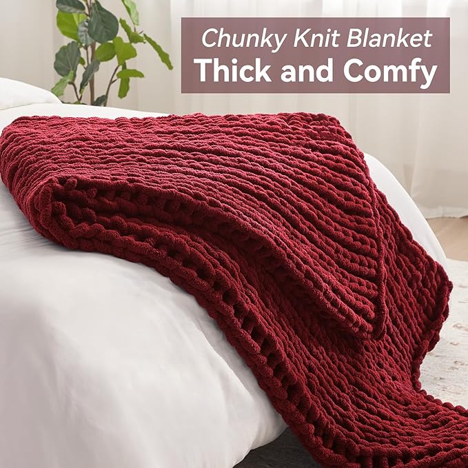 Chunky Knit Throw Blanket, 80''*90'' Knitted Throw Chenille Yarn for Bed Couch, Handmade Red Crochet Big Thick Blanket, Machine Washable Cute Comfy Blanket for Home Decor