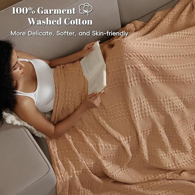 PHF 100% Cotton Waffle Weave Blanket Queen Size for Bed, Soft Lightweight & Breathable for Spring and Summer, All-Season Comfort, Luxury Aesthetic Blanket for Home Decor, 90"x90", Clay