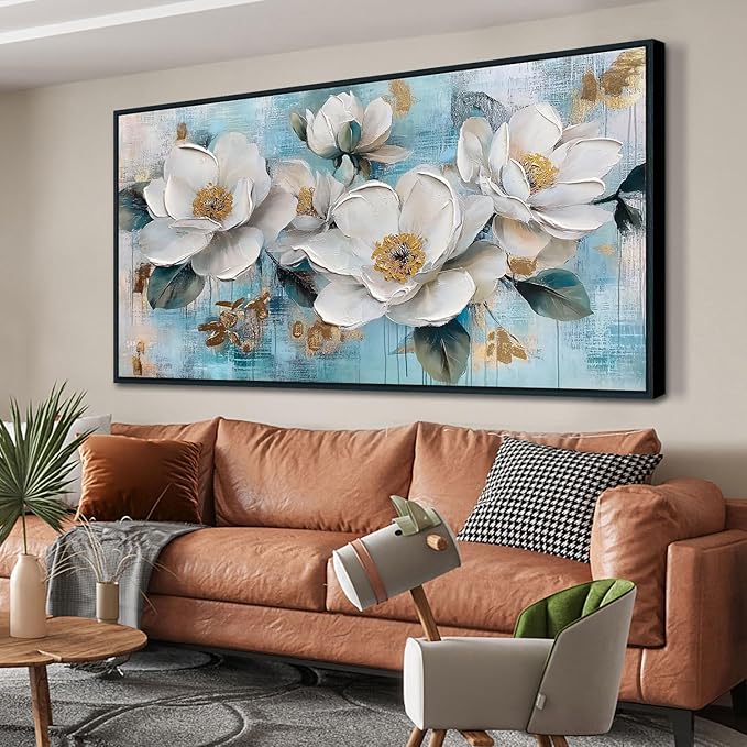 Ardemy Flower Teal Wall Art Framed Canvas for Living Room White Gold Floral Magnolia Canvas Painting, Bedroom Picture Textured Artwork Tranquil Home Office Wall Decor, Extra Large Black Wood 58"x29"