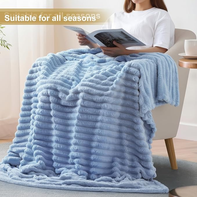 decorUhome Soft Fleece Blue Grey Blanket King Size for Bed, Cozy Fluffy Plush Flannel Large Striped Throws for Couch Sofa, Lightweight Decorative Fuzzy Blanket for Woman, 108x90 Inches