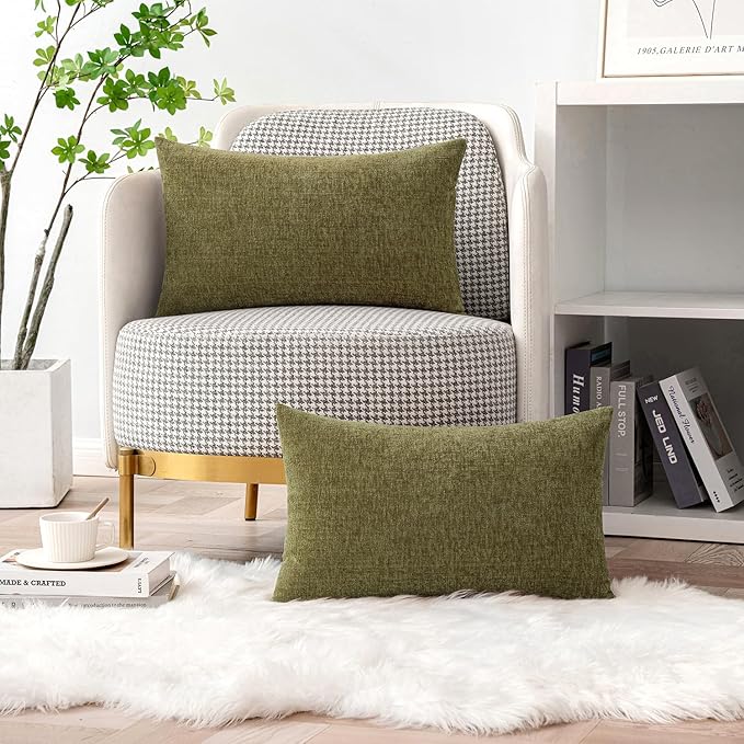 MIULEE Pack of 2 Couch Throw Pillow Covers 12x20 Inch Soft Olive Green Chenille Lumbar Pillow Covers for Sofa Living Room Solid Dyed Cases