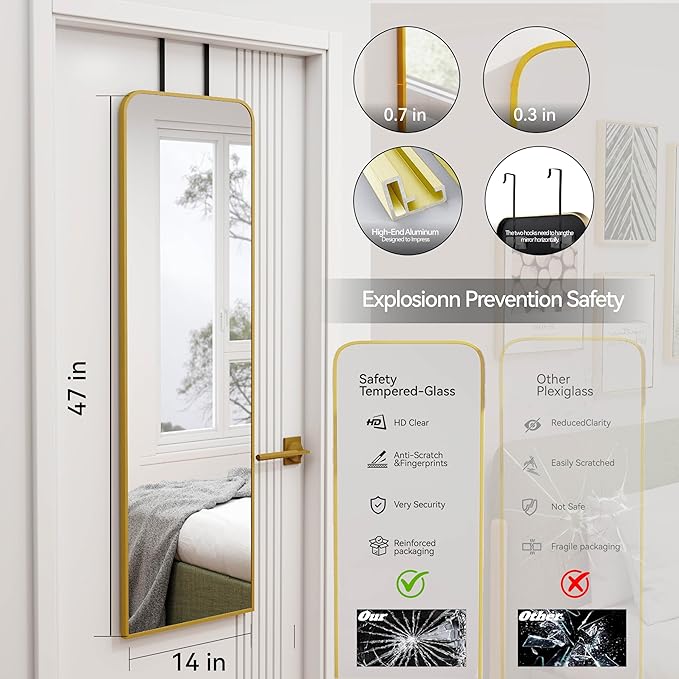 47x14 Mirror Full Length Door Hanging Wall Mounted Aluminum Alloy Metal Frame Dressing Make-up Save Space Half Body Mirrors for Entryway Bedroom Bathroom Living Room 47 inch Gold
