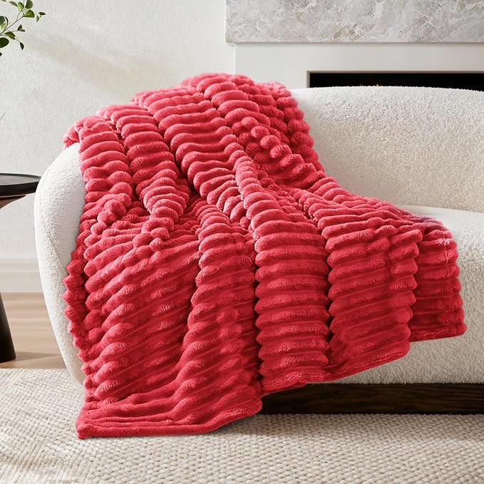 Nookly Red Fleece Throw Blanket for Couch, Soft Lightweight Ribbed Plush Blanket for Sofa and Bed, All-Season Cozy Striped Throw for Women Girl 50x60 Inches