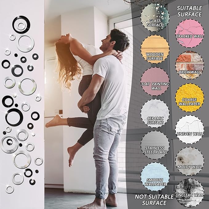 Outus 72 Pieces Wall Stickers Decor Acrylic Circle Mirror Removable Black and Sliver Wall Decor Round Dots DIY Red Living Room Decals Modern Art Murals for Home Bathroom Bedroom Decoration