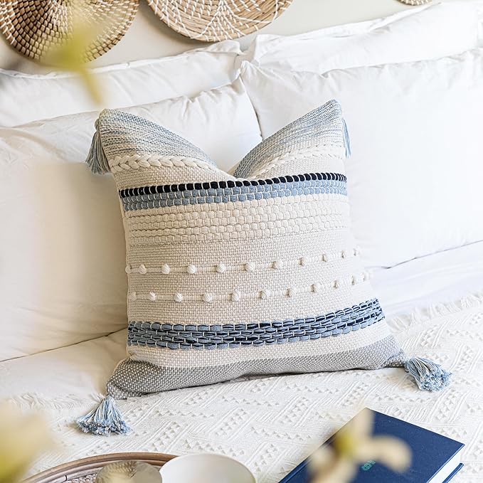 BlissBlush Coastal Blue Boho Decorative Throw Pillow Cover 18x18 Modern Bohemian Accent Pillow Case Square Woven Textured Farmhouse Pillows for Couch Bed (Pack of 1)