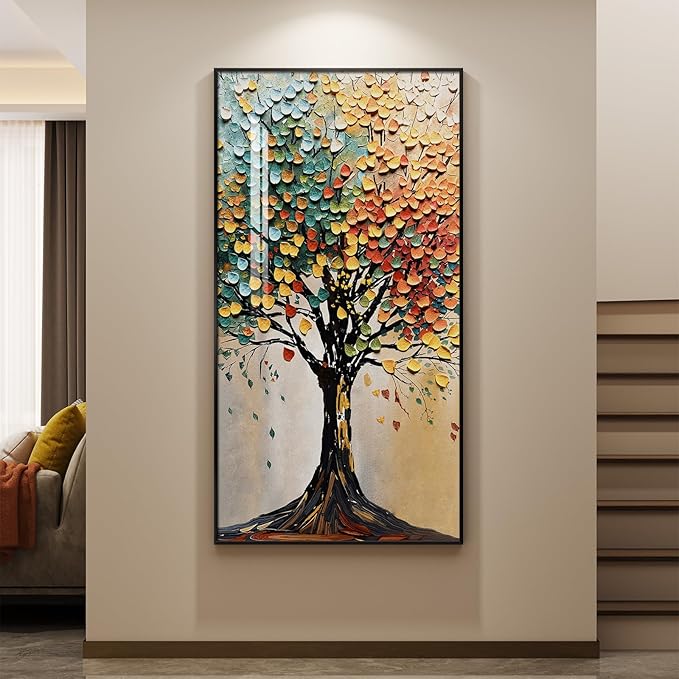 Large Framed Vertical Tree of Life Wall Art for Living Room, Modern Abstract Colorful Tree Painting Prints Artwork for Walls, Contemporary Luxury Pictures for Hallway Entryway Office Wall Decor, 30x60