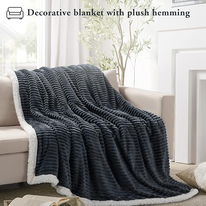 LBRO2M Striped Sherpa Fleece Bed Blanket Queen Size, Super Soft Fuzzy Plush Warm Cozy Fluffy Microfiber Couch Throw Velvet Double Reversible Luxurious Blankets (90x90), Dark Grey