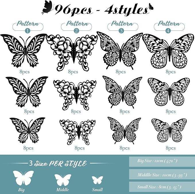 3D Butterfly Wall Decor 96Pcs 3 Sizes 4 Styles Butterfly Party Decorations Cake Decorations Removable Stickers Wall Halloween Decor Room Mural Metallic Kids