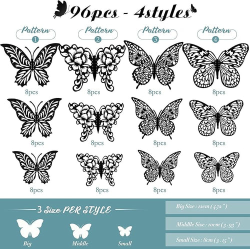 3D Butterfly Wall Decor 96Pcs 3 Sizes 4 Styles Butterfly Party Decorations Cake Decorations Removable Stickers Wall Halloween Decor Room Mural Metallic Kids