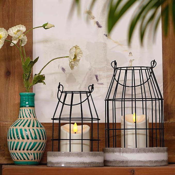 Homemory Rustic Farmhouse Lantern Decor with Flameless Candle & Remote Timer, 2PCS Stylish Metal Candle Holder Home Decorations for Fireplace Mantle Kitchen Dining Table Living Room
